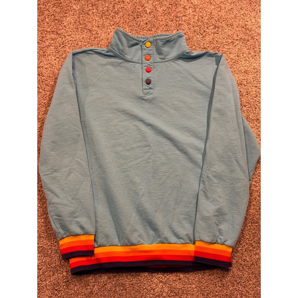 ALDI‎ Sweatshirt Mens Medium Blue Rainbow Striped Snap Neck Pullovert Employee *